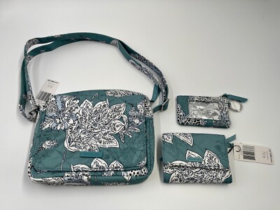 NEW Vera Bradley Purse RFID Wallet ID Case 3 Piece Set Tiger Lily Blue Oar