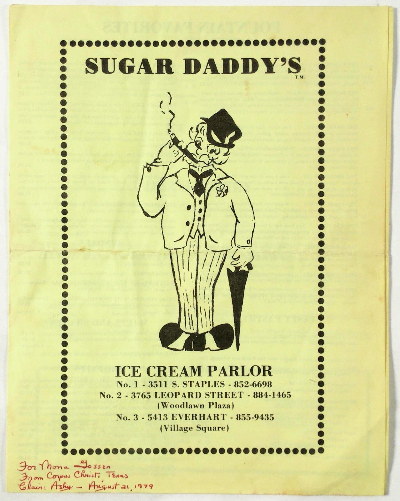 1979 Vintage Menu SUGAR DADDY'S Ice Cream Parlor Restaurant Corpus