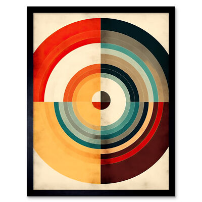 Concentric Circles Bauhaus Style Minimal Colourful Vintage Framed Art 12x16