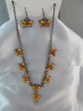 NWT OXIDIZED SILVER AND GOLD CRYSTALS BUTTERFLY NECKLACE EARRINGS SET