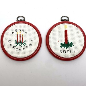 Vintage Cross Stitch Framed Ornament 2 Lot Finished Noel Merry Christmas Candles Ebay