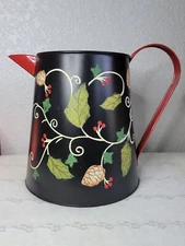 Vintage Toleware painted metal water pitcher hollyberry pinecone farmhouse