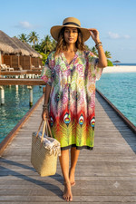 Peacock Feather Print Cotton Kaftan Short Boho Caftan Dress Colorful Dresses SML