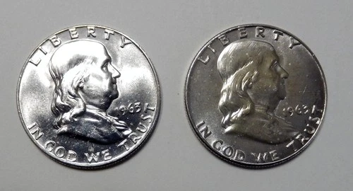 $11 UNDER SPOT  Two (2)  1963 D Franklin 90% Silver Halves Dollar 50¢  UNC Coins