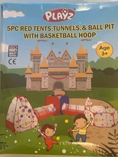 Playz 5pc Kids Red Tents, Tunnels, and Ball Pit with Basketball Hoop