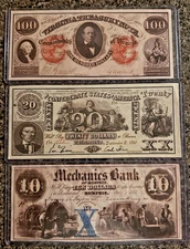 Lot of 3 Confederate States of America Bills $100, $20 & $10