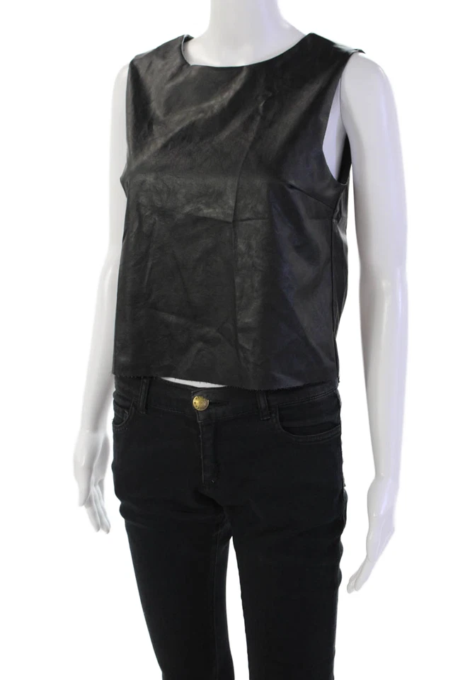 Blusa sin mangas Drew para mujer de cuero vegano con cuello redondo y cremallera negra talla S Foto 2 de 4