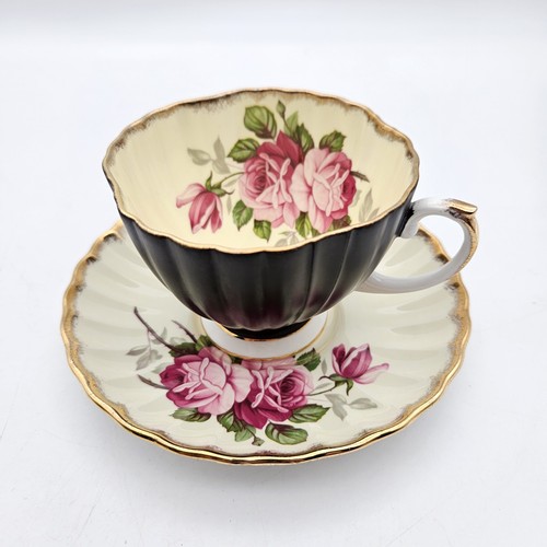 Tasse à thé et soucoupe extérieure vintage EB Foley rose chou bordure or rose RARE - Photo 1/9