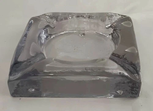 Blenko 848L Footed Clear Glass 6" Square Ashtray Vintage MCM