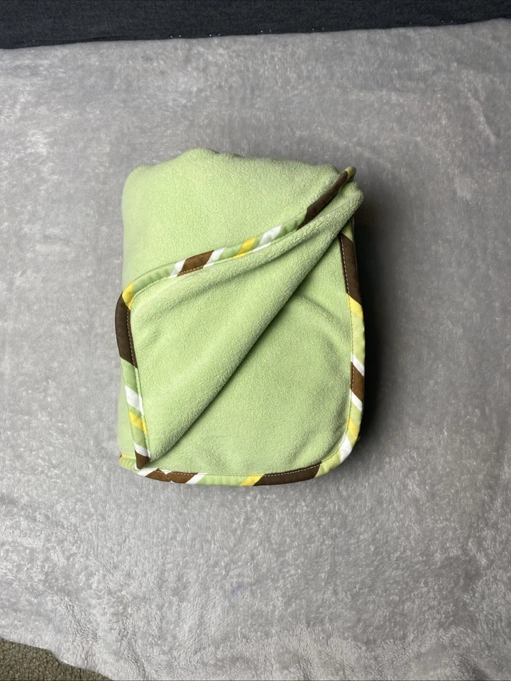 Trend Lab Framed Green Fleece Baby Blanket Brown Yellow White Striped Trim Lovey - Image 2 of 4