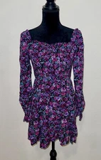 Wild Fable Floral Print Women's Long Sleeve Smocked Mini Dress - Purple Size S