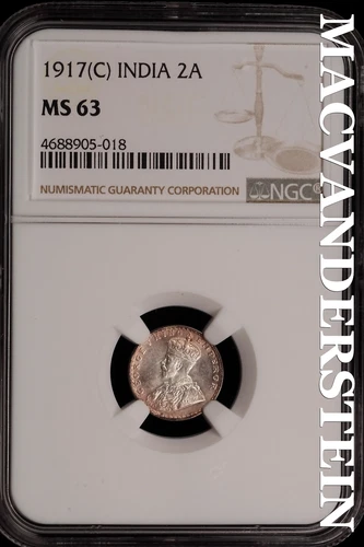 India: 1917(C) Two Annas - NGC MS 63 - Scarce No Reserve #SLi412