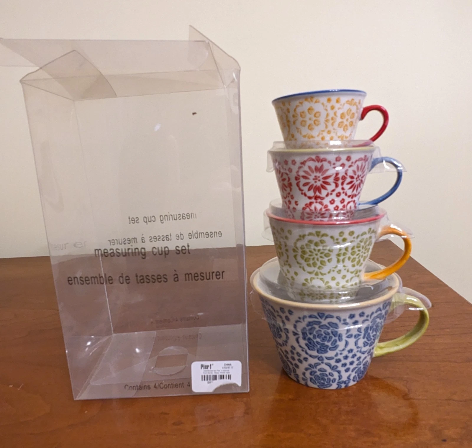 Pier One Nesting Stacking Ceramic Measuring Cups with Handles, New