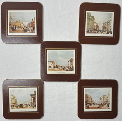 5 Coasters Old London Scenes England Square Cork Gold Hyde Park Regent St 80s