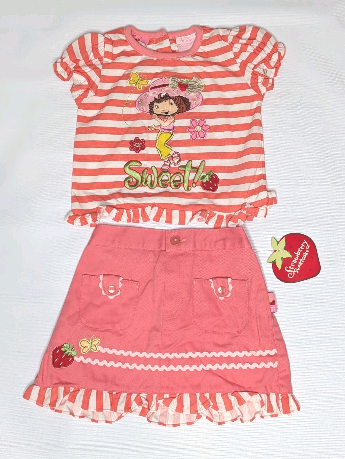 Vintage Strawberry Shortcake Embroidered 2 PC Set 3T Sweet Skirt Stripe Top NWT
