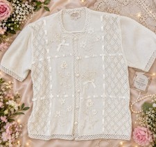 VTG Susan Bristol Floral Embroidered Ribbon Cardigan White Grannycore 90s XL