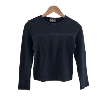 Vintage Fendi Jeans Spell Out Logo Wool Knit Crop Black Sweater