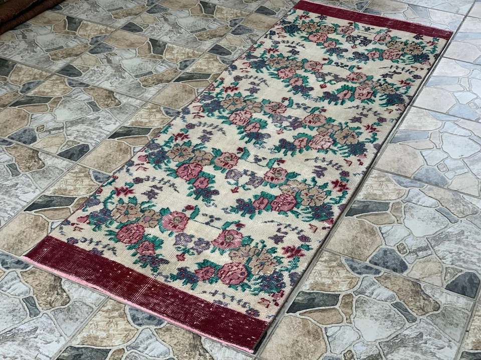 Vintage Oushak Farmhouse Rug Turkish Anatolian Handknotted Wool Area Rug 2.4x6.6 - Image 3 of 4