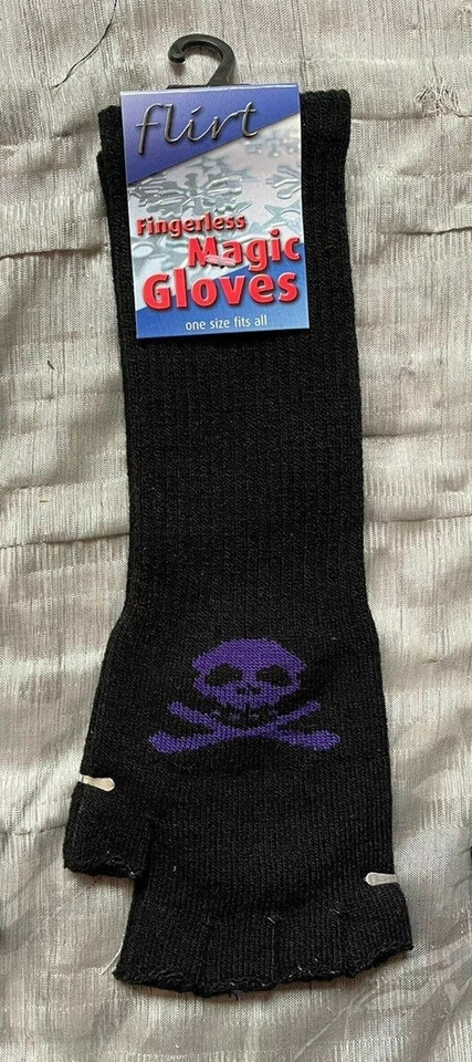 FLIRT Ladies purple skull crossbone finger-less fingerless LONG gloves Black Emo goth