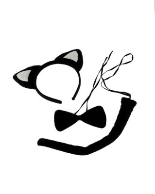 Schwarze Katze Tier Kostüm Zubehör Set (Ohren, Schwanz & Fliege) - Einheitsgröße