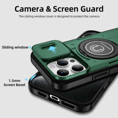 For iPhone 16 15 14 Pro Max 13 12  Slide Camera Cover Ring Stand Heavy Duty Case