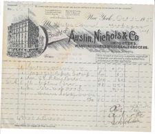 1909 Invoice, Austin Nichols & Co, Wholesale Grocers, Hudson St. New York City