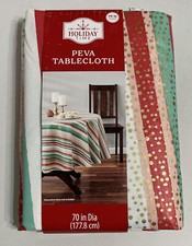 Holiday Time PEVA Tablecloth Holiday Stripe 70 in 177.8 cm Round NEW