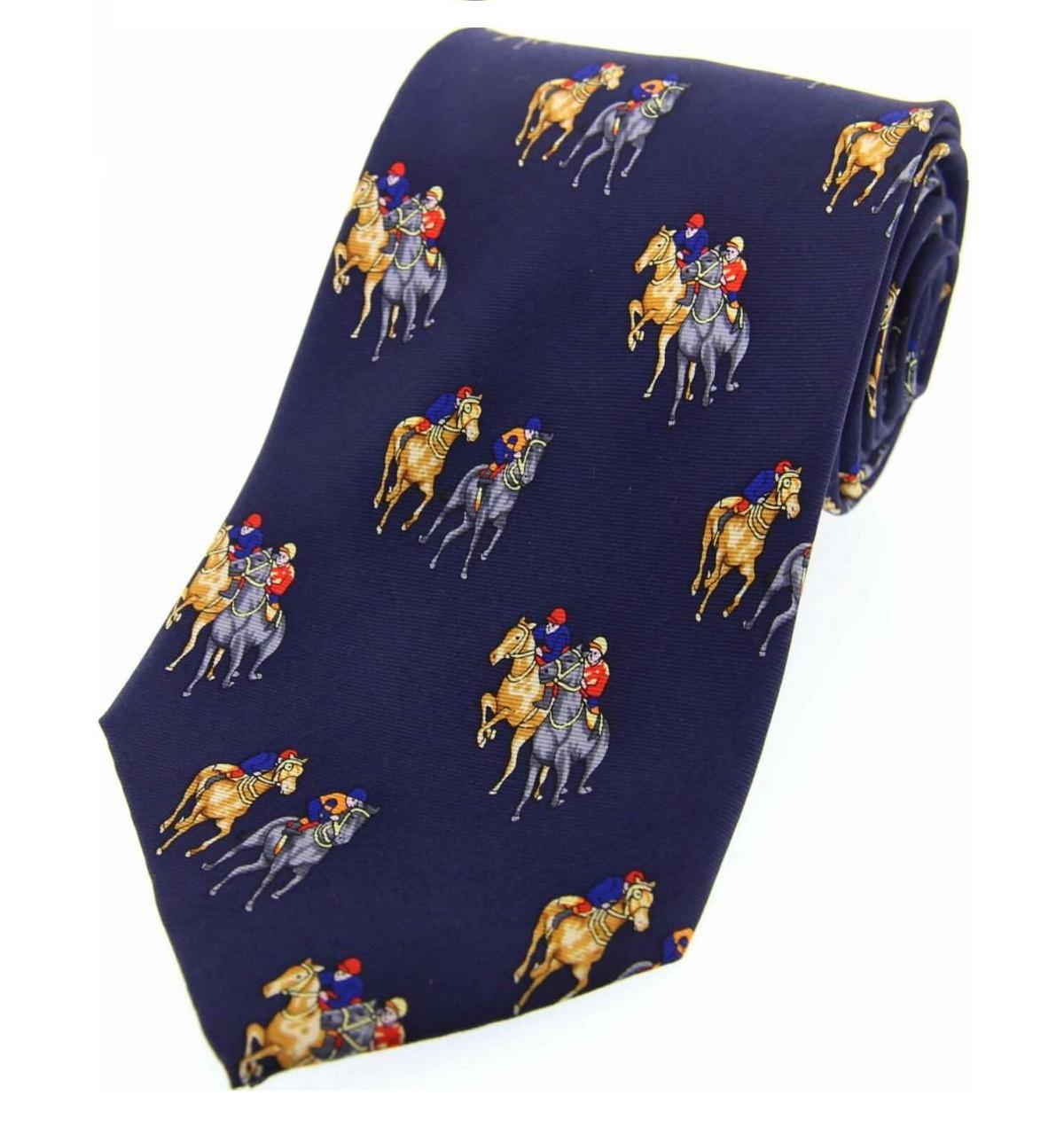Navy Blue Luxury Silk Tie with Jockey and Race Horses - ascot epsom newmarket