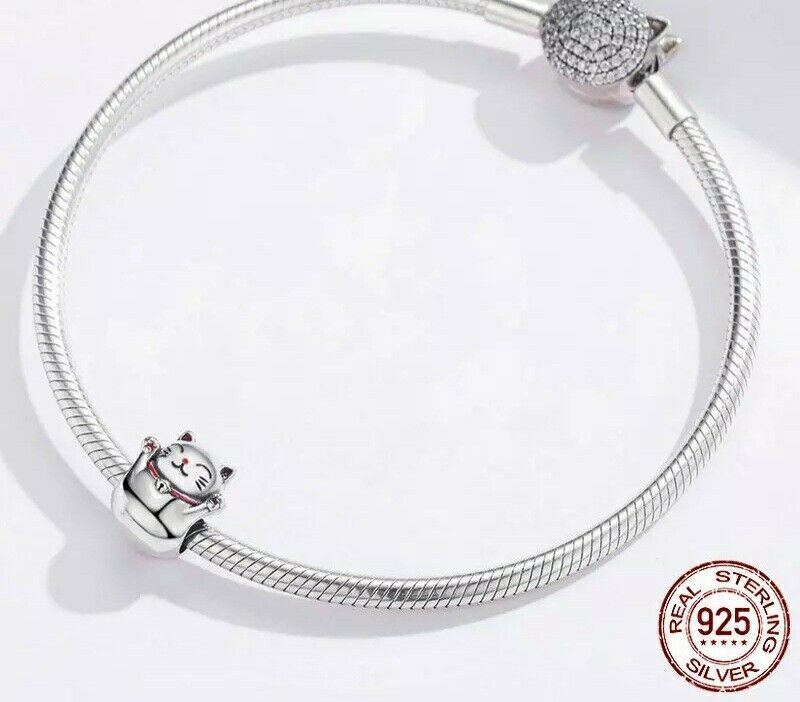 Lucky Cat Charm 💖 Paw Print Waving Genuine 925 Sterling Silver Bead