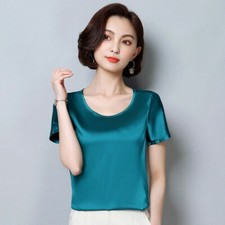 Damen T-Shirt Top Bluse Kunstseide Satin Kurzärmlig Rundhals Übergröße