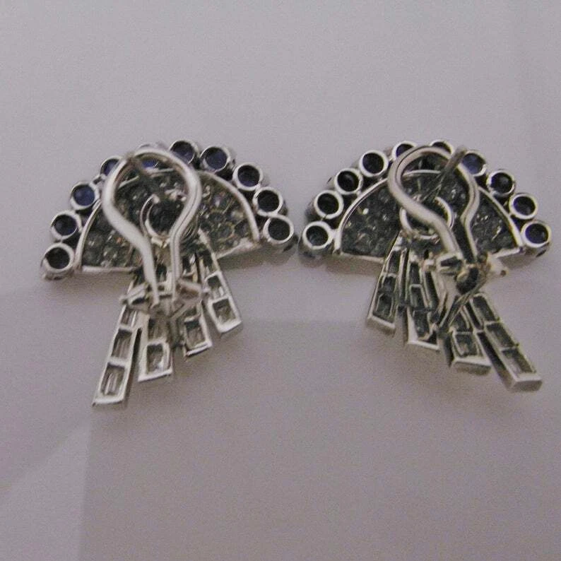 Excepcional Par de Pendientes Abanico Retro Años 40 Zafiro Azul y Antiguo Corte Mina Circonita Foto 3 de 4