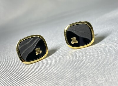 Auth Lanvin cufflinks Double JL Mark Wave line Black & Gold Vintage