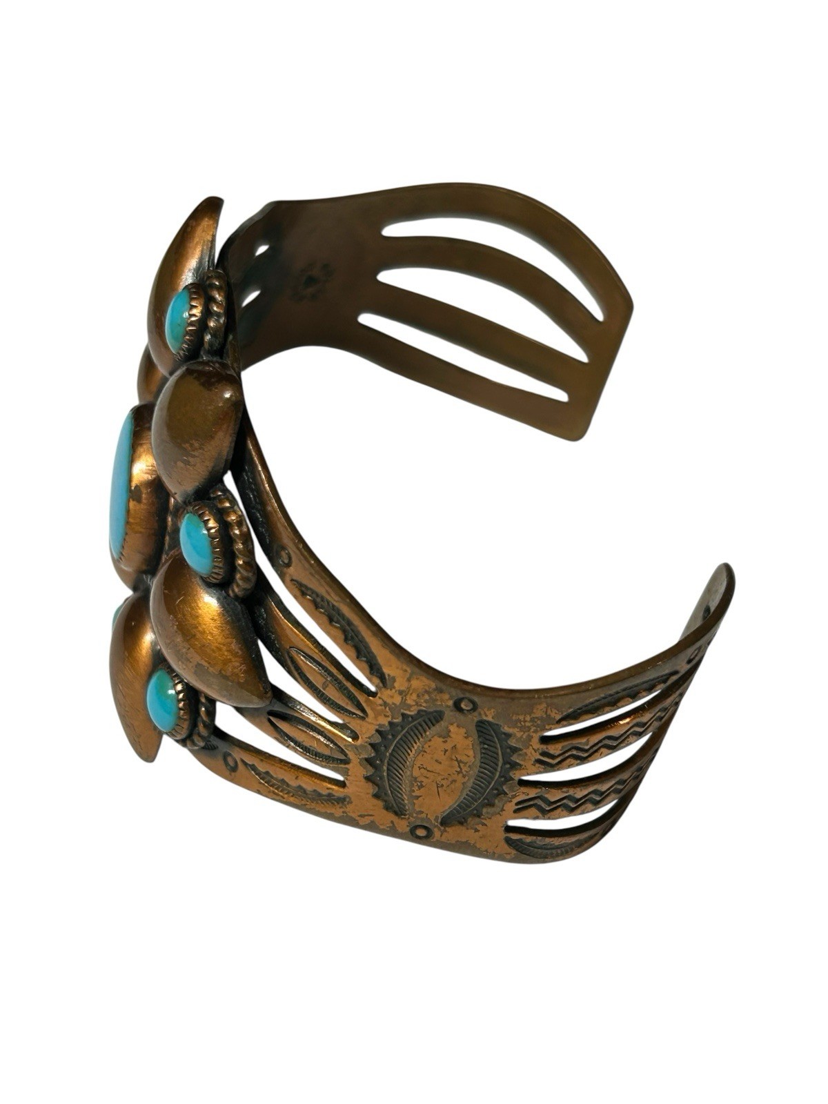 Vintage Solid Copper Turquoise Cluster Cuff Brace… - image 5