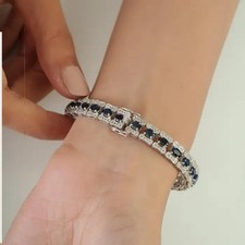 12.2CT Oval Natural Sapphire & Daimond Statement Tennis Bracelet 14k White Gold
