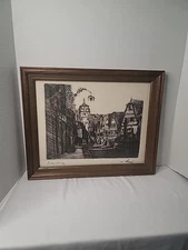 Vintage 1940s Rothenburg ob der Tauber Clock Signed Etching By Oskar Schenk