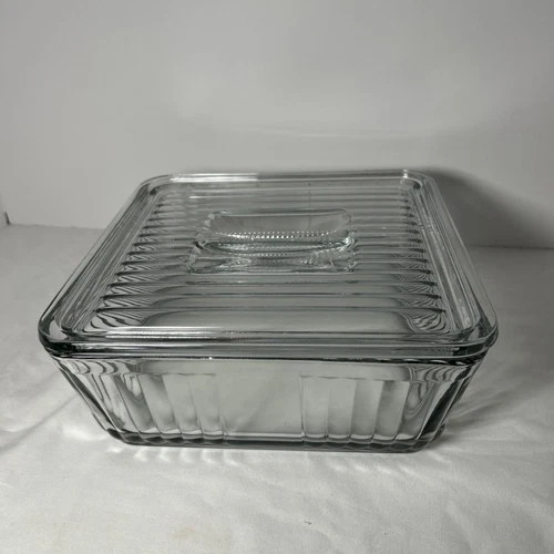 Vintage Anchor Hocking 1932 Design Ribbed 9 x 9 Refrigerator Baking Dish w/lid