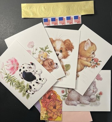 5 Puppies/Kittens Cards Cheerful Wishes NOTECARDS w/Pastel Env/Seals/Stamps BN