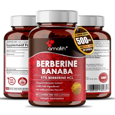 Berberine HCl + Banaba Extract 500mg 90 Capsules High Potency Blood Sugar Amalth