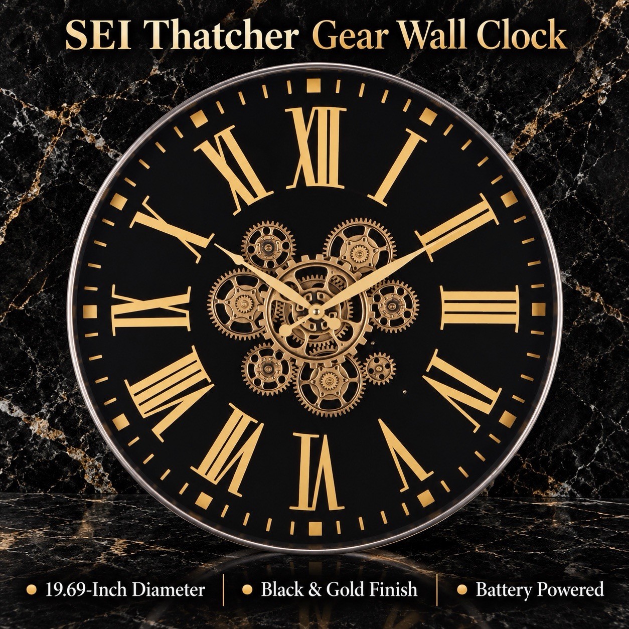 SEI Thatcher Roman Numeral Moving Gear Wall Clock Black Gold 19.69 Inch