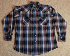 Ely Cattleman Western Pearl Snap Shirt LARGE  L  Mens Long Sleeve Blue Plaid