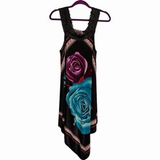 Floral Print Sundress Women's Medium Black Crochet Lace Accent Boho Beach Casual