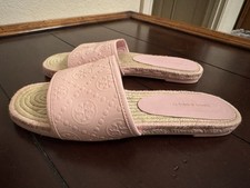 TORY BURCH T Monogram Espadrille Slides Embossed Pink Patent Leather Size 7.5M