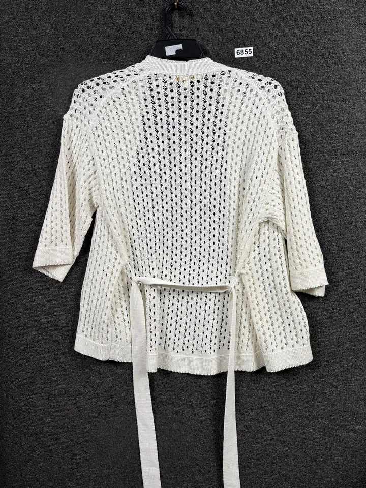 Suéter Etcetera Mujer Pequeño Blanco Tejido Abierto Cinturón Cárdigan Crochet Foto 2 de 4