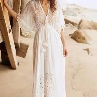 Chelsea & Violet Beaded Embroidered Cotton Cover-Up Maxi Dress Size Small Boho