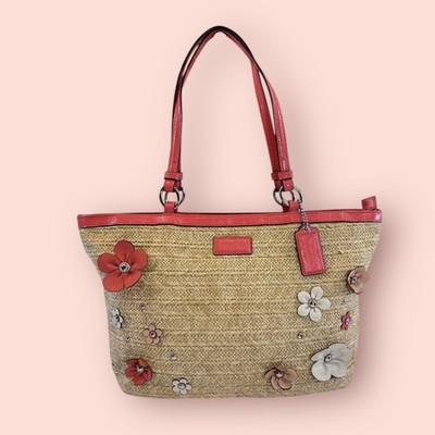 COACH Y2K Vintage Straw Floral Appliqué Tote Leather Accent