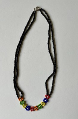Vintage 90er Perlen Gänseblümchen Kette Choker Halskette schwarz mehrfarbig Rocailles Boho