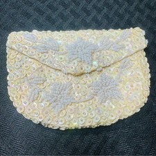 Vintage Safco Beaded Sequin Coin Purse Ivory Evening Bag Handmade Hong Kong