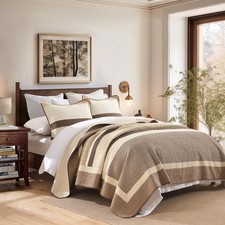 Quilt King Size - Brown Beige Striped Quilt Set with Matching Shams, 3 Pieces...
