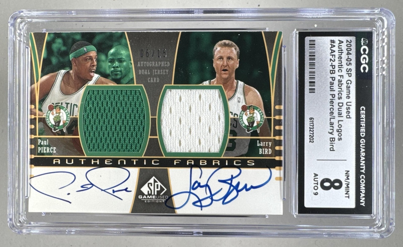 Paul Pierce Larry Bird 2004 SP Game Used Authentic Patch Auto 6/15 CGC 8/9