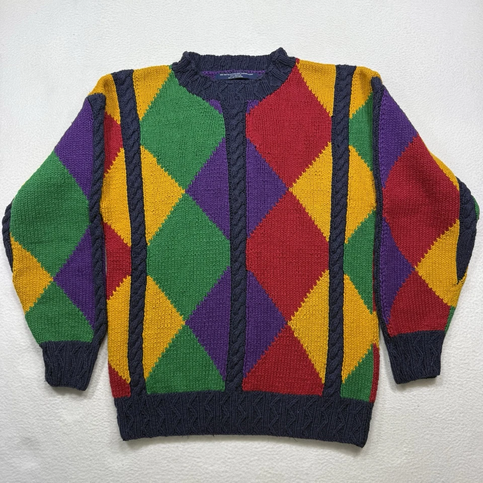 Suéter Vintage Tommy Hilfiger Multicolor Argyle Cable Tejido a Mano Años 80 90 Lino M Foto 2 de 4